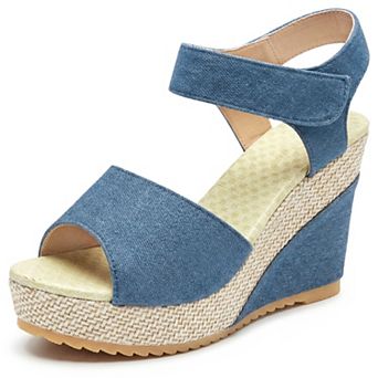 Women's Denim Platform Hook Loop Peep Toe Wedge Sandals for Casual Summer Wear
