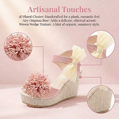 Women's Platform Floral Bow Peep-Toe Wedge Sandals