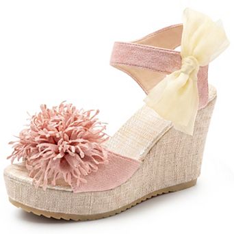 Women's Platform Floral Bow Peep-Toe Wedge Sandals