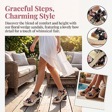 Women's Floral Print Peep Toe Wedge Sandals Bow Ankle Strap Casual Summer Shoes