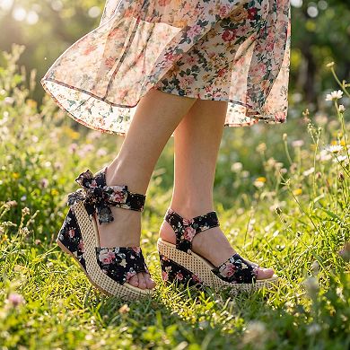 Women's Floral Print Peep Toe Wedge Sandals Bow Ankle Strap Casual Summer Shoes
