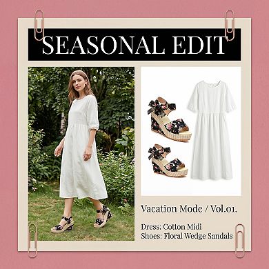 Women's Floral Print Peep Toe Wedge Sandals Bow Ankle Strap Casual Summer Shoes