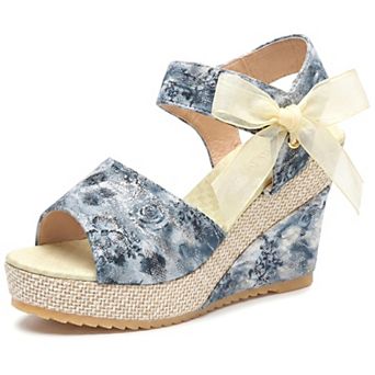 Women's Floral Print Peep Toe Wedge Sandals Bow Ankle Strap Casual Summer Shoes