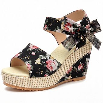 Women's Floral Print Peep Toe Wedge Sandals Bow Ankle Strap Casual Summer Shoes