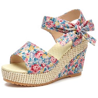 Women's Floral Print Peep Toe Wedge Sandals Bow Ankle Strap Casual Summer Shoes