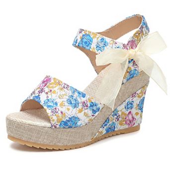 Women's Floral Print Peep Toe Wedge Sandals Bow Ankle Strap Casual Summer Shoes