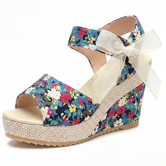 Women's Floral Print Peep Toe Wedge Sandals Bow Ankle Strap Casual Summer Shoes