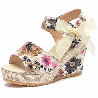 Women's Floral Print Peep Toe Wedge Sandals Bow Ankle Strap Casual Summer Shoes