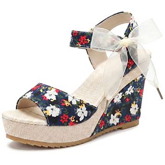 Women's Floral Print Peep Toe Wedge Sandals Bow Ankle Strap Casual Summer Shoes