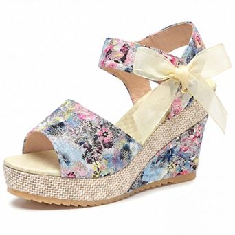 Women's Floral Print Peep Toe Wedge Sandals Bow Ankle Strap Casual Summer Shoes