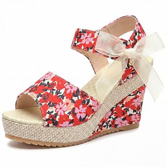 Women's Floral Print Peep Toe Wedge Sandals Bow Ankle Strap Casual Summer Shoes