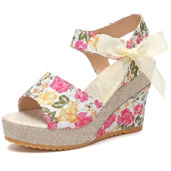 Women's Floral Print Peep Toe Wedge Sandals Bow Ankle Strap Casual Summer Shoes