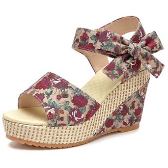 Women's Floral Print Peep Toe Wedge Sandals Bow Ankle Strap Casual Summer Shoes