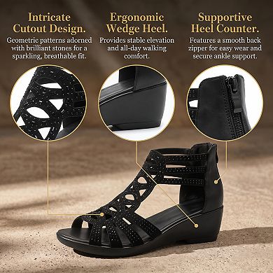 Women's Rhinestone Hollow Out Back Zipper Platform Peep Toe Sandals