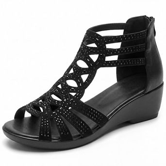 Women's Rhinestone Hollow Out Back Zipper Platform Peep Toe Sandals