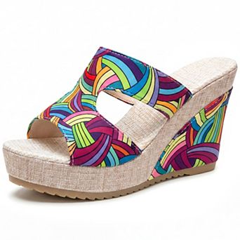Women's Colorful Printed Hollow-out Platform Peep Toe Slip Sandals