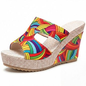 Women's Colorful Printed Hollow-out Platform Peep Toe Slip Sandals