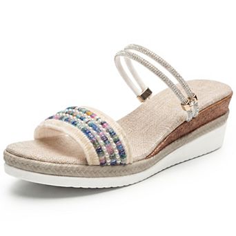 Women's Bohemian Beaded Double Rhinestone Strap Platform Open Toe Slip Sandals