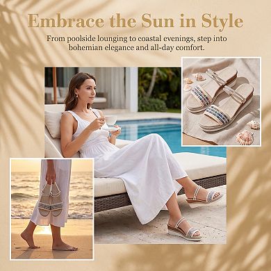 Women's Bohemian Beaded Double Rhinestone Strap Platform Open Toe Slip Sandals
