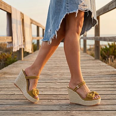 Women's Bow Open Toe Wedge Sandals Double Strap Platform Slip Summer Shoes