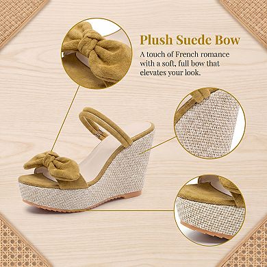 Women's Bow Open Toe Wedge Sandals Double Strap Platform Slip Summer Shoes