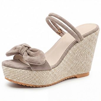 Women's Bow Open Toe Wedge Sandals Double Strap Platform Slip Summer Shoes