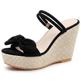 Women's Bow Open Toe Wedge Sandals Double Strap Platform Slip Summer Shoes