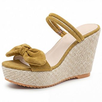 Women's Bow Open Toe Wedge Sandals Double Strap Platform Slip Summer Shoes
