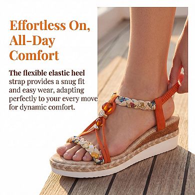 Women's Elastic Ankle Strap Braided Beaded T-Strap Espadrille Platform Sandals