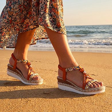 Women's Elastic Ankle Strap Braided Beaded T-Strap Espadrille Platform Sandals