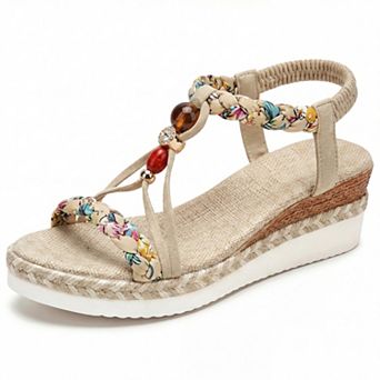Women's Elastic Ankle Strap Braided Beaded T-Strap Espadrille Platform Sandals