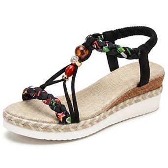 Women's Elastic Ankle Strap Braided Beaded T-Strap Espadrille Platform Sandals