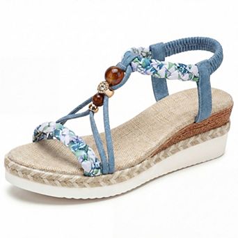 Women's Elastic Ankle Strap Braided Beaded T-Strap Espadrille Platform Sandals