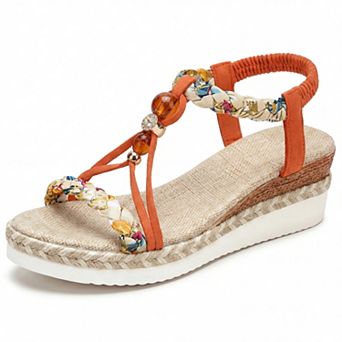 Women's Elastic Ankle Strap Braided Beaded T-Strap Espadrille Platform Sandals
