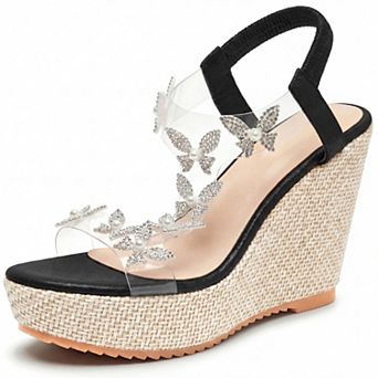 Women's Open Toe Wedge Sandals Rhinestone Butterfly Transparent Band Platform Summer Shoes