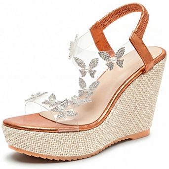 Women's Open Toe Wedge Sandals Rhinestone Butterfly Transparent Band Platform Summer Shoes
