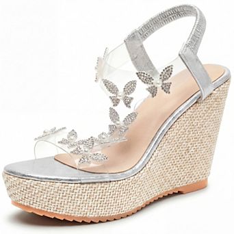 Women's Open Toe Wedge Sandals Rhinestone Butterfly Transparent Band Platform Summer Shoes