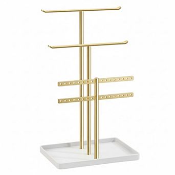 Jewelry Organizer Stand Gold Metal 14.5 Inch Holds 80 pc Necklace Earring Bracelet Tray