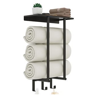 Bathroom Towel Rack Wall Mounted Metal Shelf 3 Hooks Black Holds 3 Large Towels 1 pc