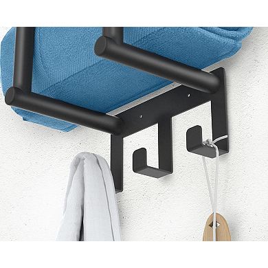 Bathroom Towel Rack Wall Mounted Metal Shelf 3 Hooks Black Holds 3 Large Towels 1 Piece