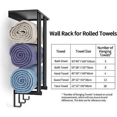 Bathroom Towel Rack Wall Mounted Metal Shelf 3 Hooks Black Holds 3 Large Towels 1 Piece