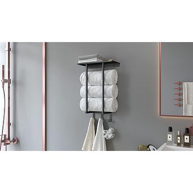 Bathroom Towel Rack Wall Mounted Metal Shelf 3 Hooks Black Holds 3 Large Towels 1 Piece