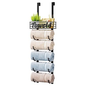 6 tier Over Door and Wall Mount Metal Towel Rack with Basket Black for Bathroom Camper RV