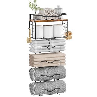 Bathroom Towel Rack Wall Mounted 6 tier Metal Wood Holder with Floating Shelf 1 pc