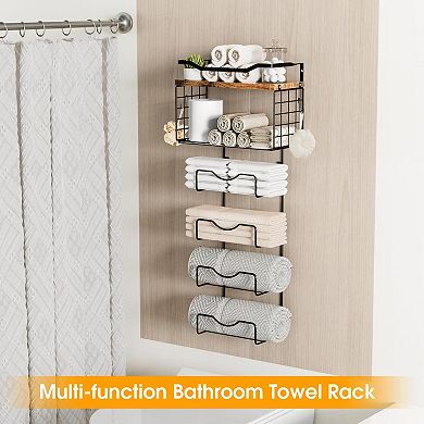 Bathroom Towel Rack Wall Mounted 6 Tier Metal Wood Holder with Floating Shelf 1 Piece