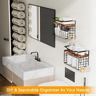 Bathroom Towel Rack Wall Mounted 6 Tier Metal Wood Holder with Floating Shelf 1 Piece