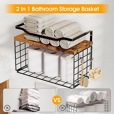 Bathroom Towel Rack Wall Mounted 6 Tier Metal Wood Holder with Floating Shelf 1 Piece
