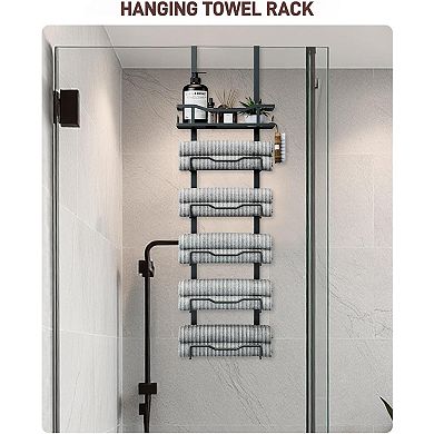 6 Tier Over Door Bathroom Towel Rack Organizer with Basket Black Holds 15 Towels 1 Piece