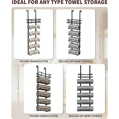 6 Tier Over Door Bathroom Towel Rack Organizer with Basket Black Holds 15 Towels 1 Piece
