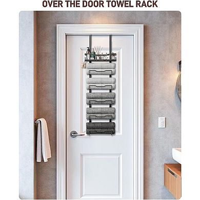 6 Tier Over Door Bathroom Towel Rack Organizer with Basket Black Holds 15 Towels 1 Piece